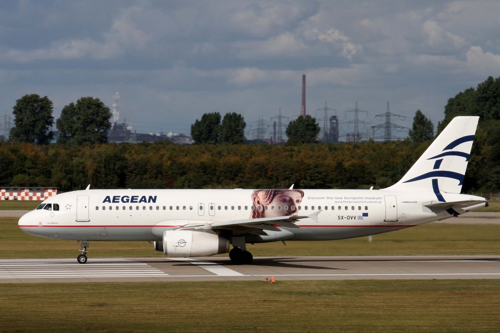 Aegean Airlines, SX-DVV  Cleisthenes , Airbus, A 320-200 (Akropolis Museum-Sticker nur auf der linken Seite), 22.09.2012, DUS-EDDL, Dsseldorf, Germany
 
