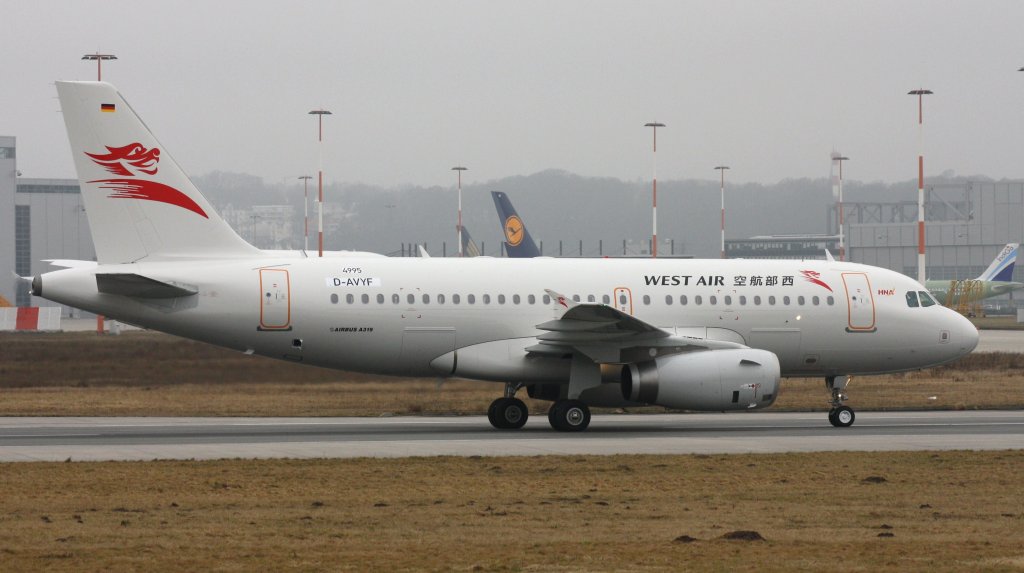 China West Air,D-AVYF,(c/n 4995),Airbus A319-132,02.03.2012,XFW-EDHI,Hamburg-Finkenwerder,Germany