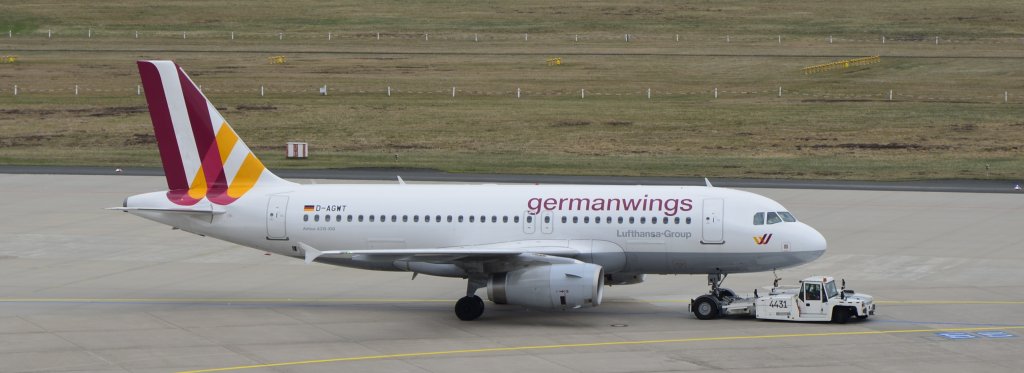 Germanwings Airbus A319-100, D-AGWT beim push back auf dem Flughafen Kln/Bonn am 16.04.2013
