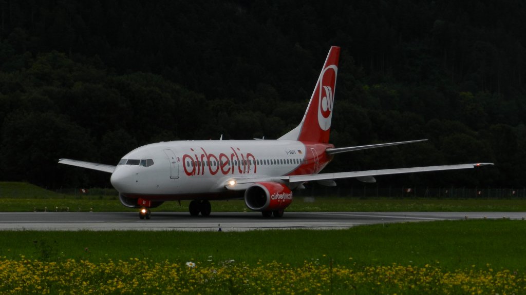 INN Innsbruck-Kranebitten, Austria,
24. Juli 2011,
Air Berlin  Boeing 737-7Q8,
D-ABBV, turn onto Rwy 08 to DUS (Dsseldorf)
