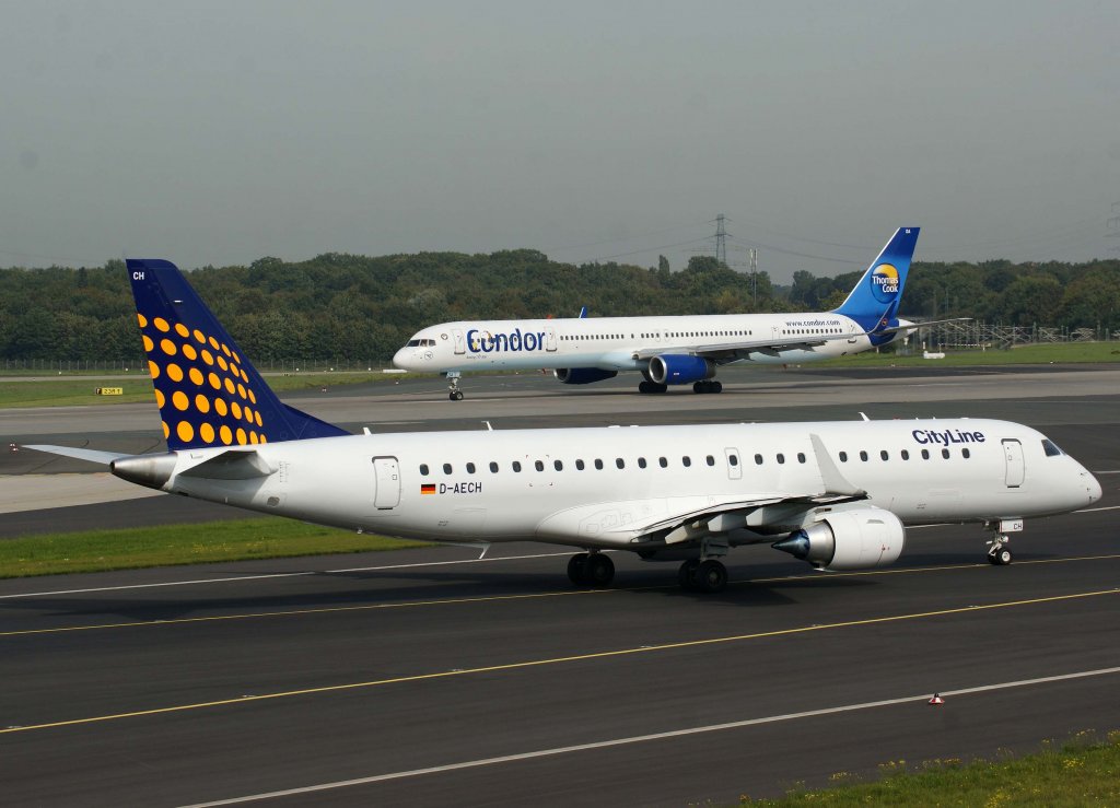 Lufthansa Regional (CityLine), D-AECH (am Start Condor  D-ABOE ), Embraer RJ-190 LR, 2010.09.23, DUS-EDDL, Dsseldorf, Germany 


