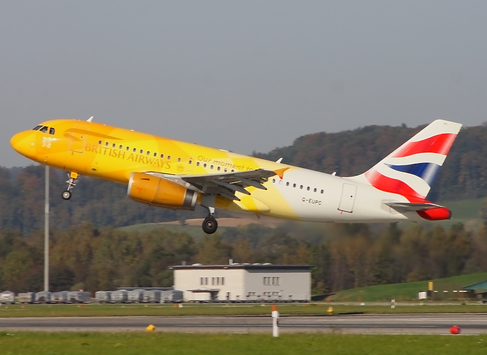Take off eines A319 von Brithis Airways in Zrich, hier mit Sonderlackierung zu den Oplympsichen Spielen .. Aufgenommen am 20.10.2012 in Zrich