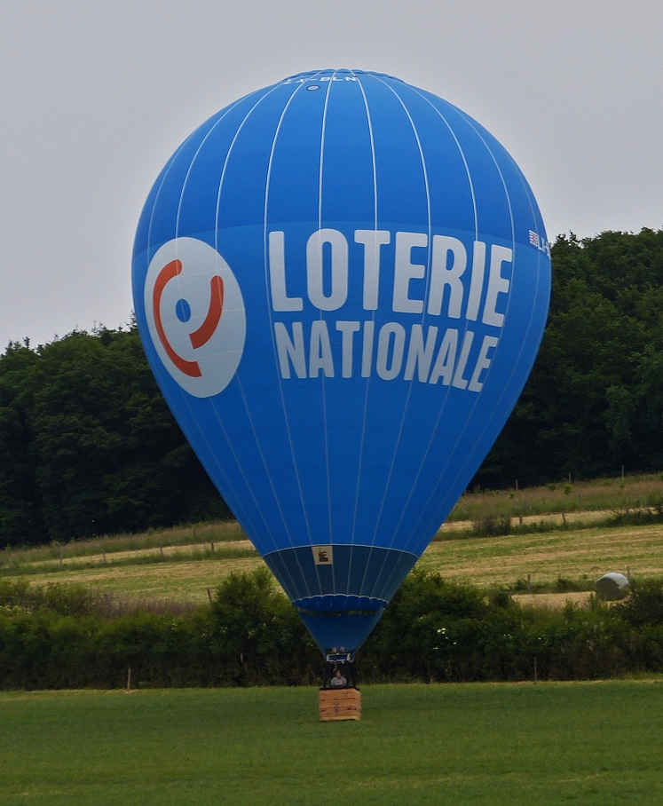 . LX-BLN, Heißluftballon mit der Werbung für die Loterie Nationale, ist an einem Hang in einer Viehweide nahe Wiltz gelandet. 20.06.2015