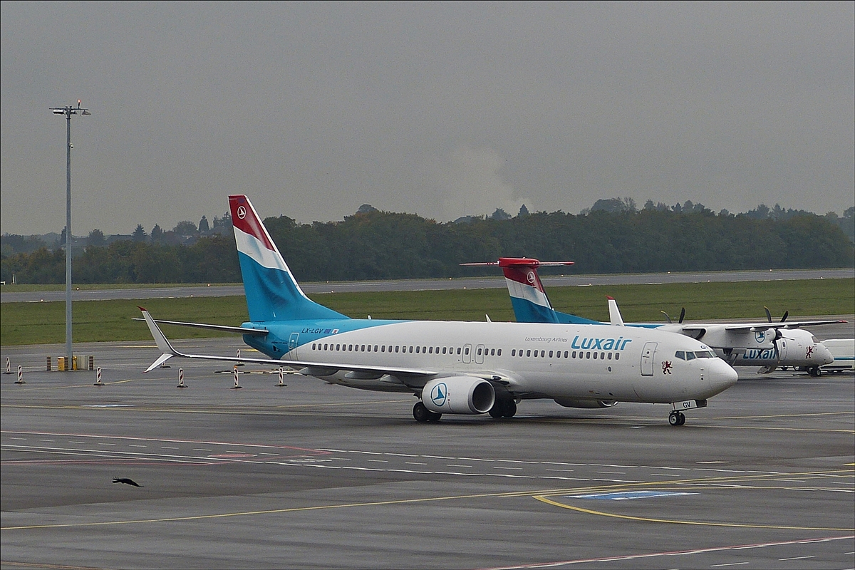 . LX-LGV,  Boeing 737-8C9, von Luxair ist vor kurzem auf dem Flughafen in Luxemburg gelandet und ist auf dem Weg zu ihrem Gate.  16.10.2015.