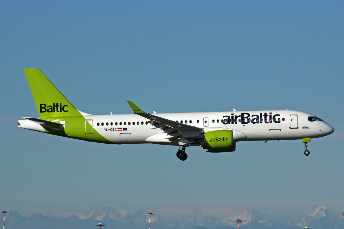 Air Baltic, YL-CSC, Bombardier CS-300, msn: 55005, 28.September 2020, MXP Milano-Malpensa, Italy.