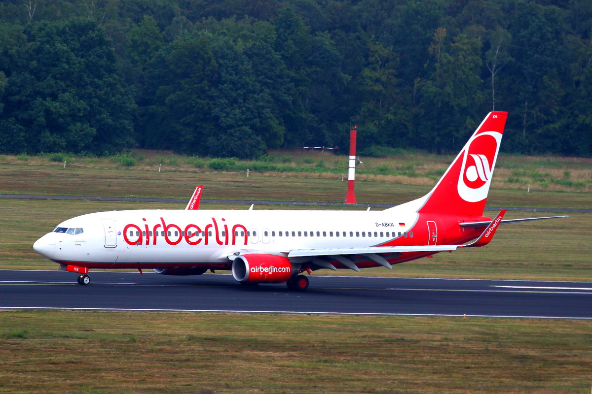 Air Berlin, D-ABKN, Boeing 737-800, gelandet in Köln-Bonn (CGN/EDDK) nach Flug von Palma de Mallorca (PMI). Aufnahmedatum: 24.07.2016

