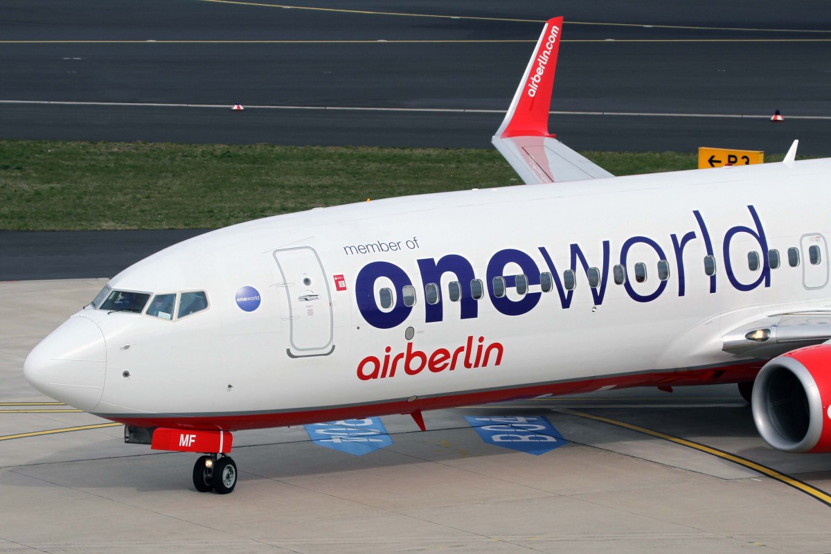 Air Berlin, D-ABMF, Boeing, 737-86J wl (Bug/Nose ~ Oneworld-Lkrg.), 03.04.2015, DUS-EDDL, Dsseldorf, Germany