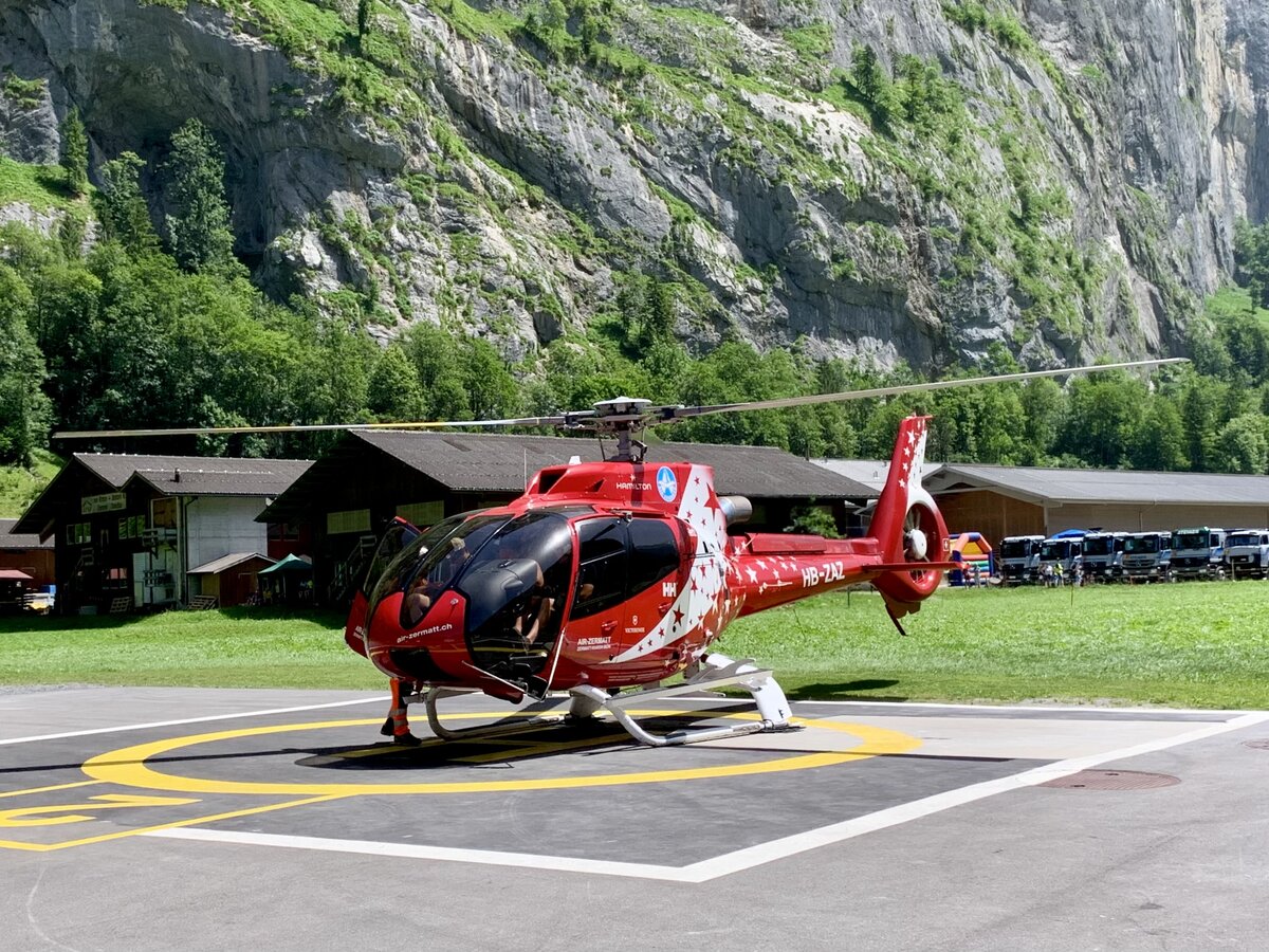 Air Zermatt, Airbus EC 130, HB-ZAZ, 18.6.22, Heliport Lauterbrunnen.