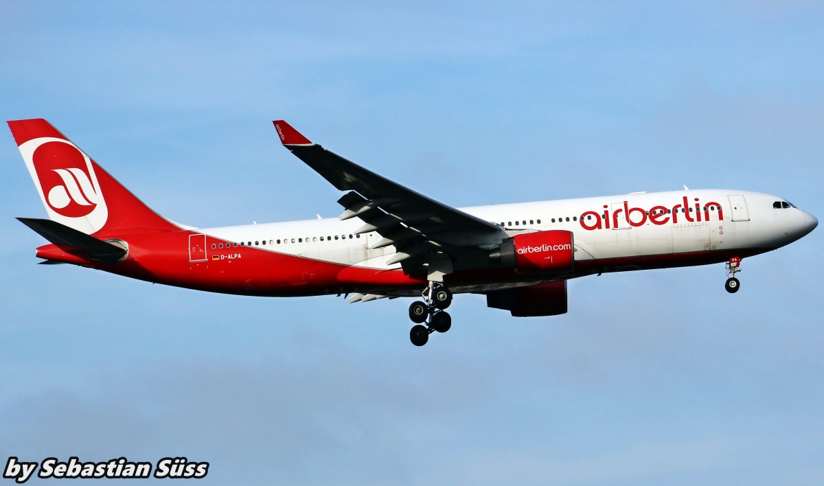 Airberlin A330-223 D-ALPA is arriving from Abu Dhabi at Dusseldorf. 11.12.14