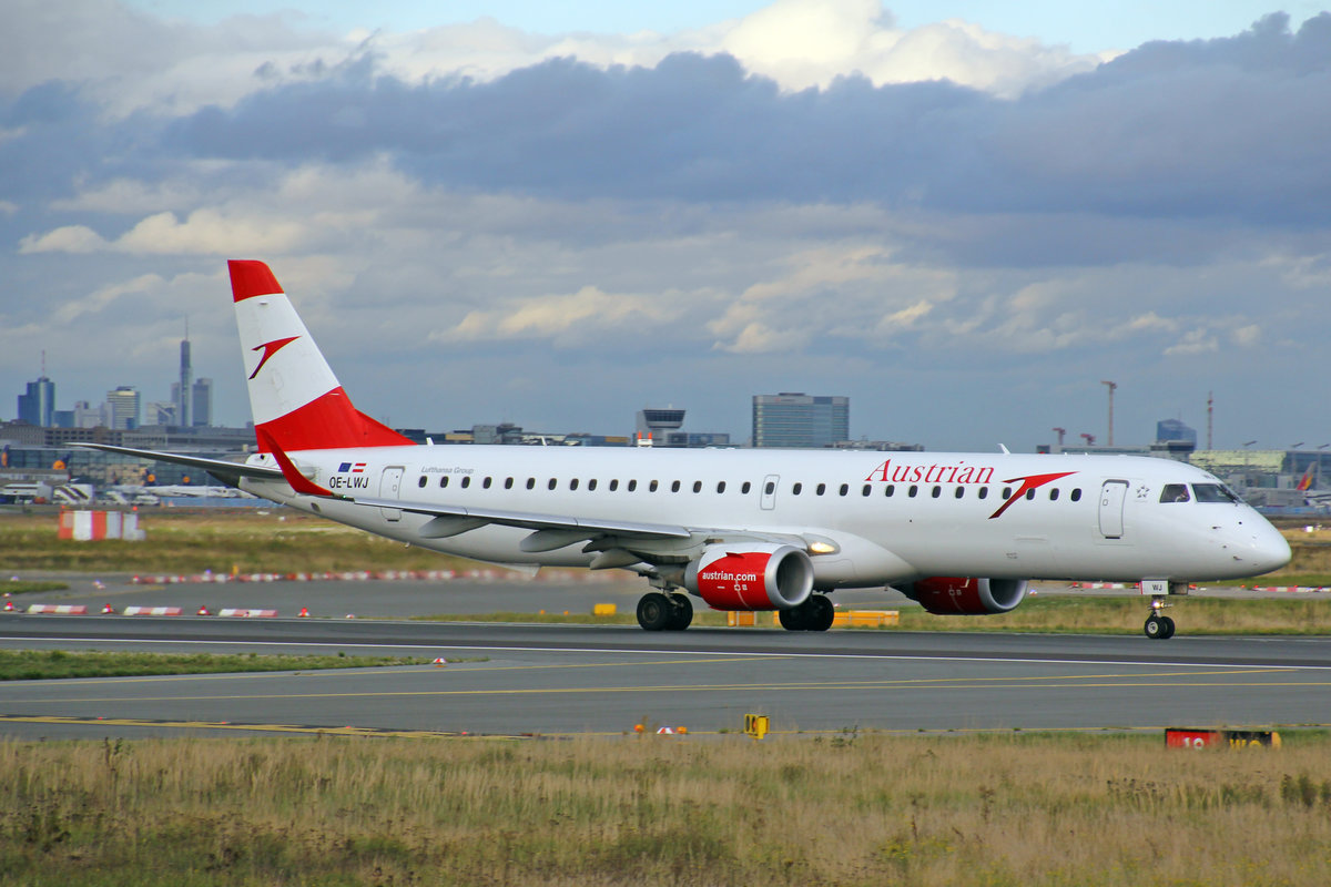 Austrian Airlines, OE-LWJ, Embraer ERJ-195LR, msn: 19000507, 28,September 2019, FRA Frankfurt, Germany.