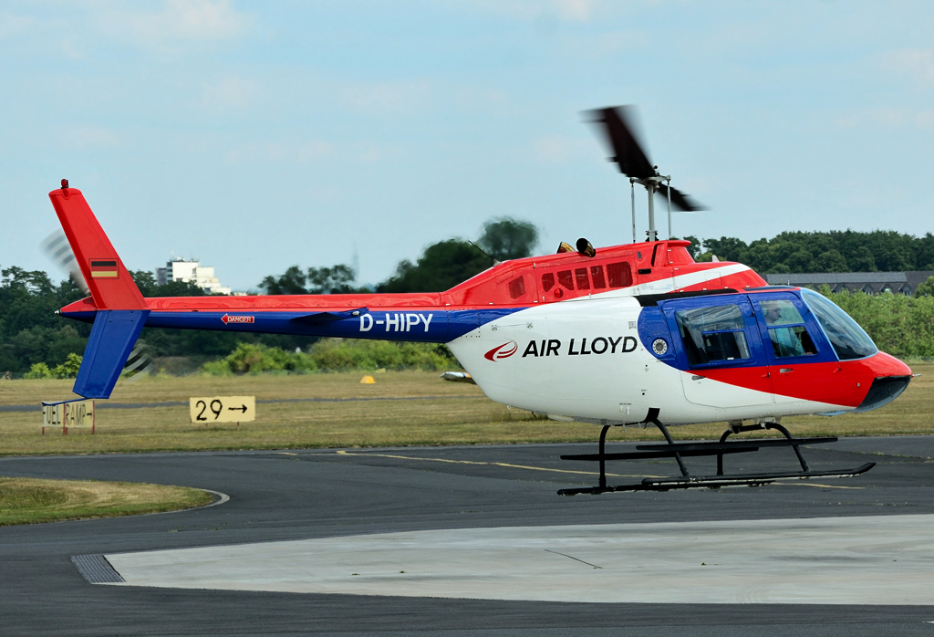 Bell 206B-3 Jet Ranger D-HIPY der Fa. Air Lloyd an der Tankstelle in EDKB - 11.06.2015