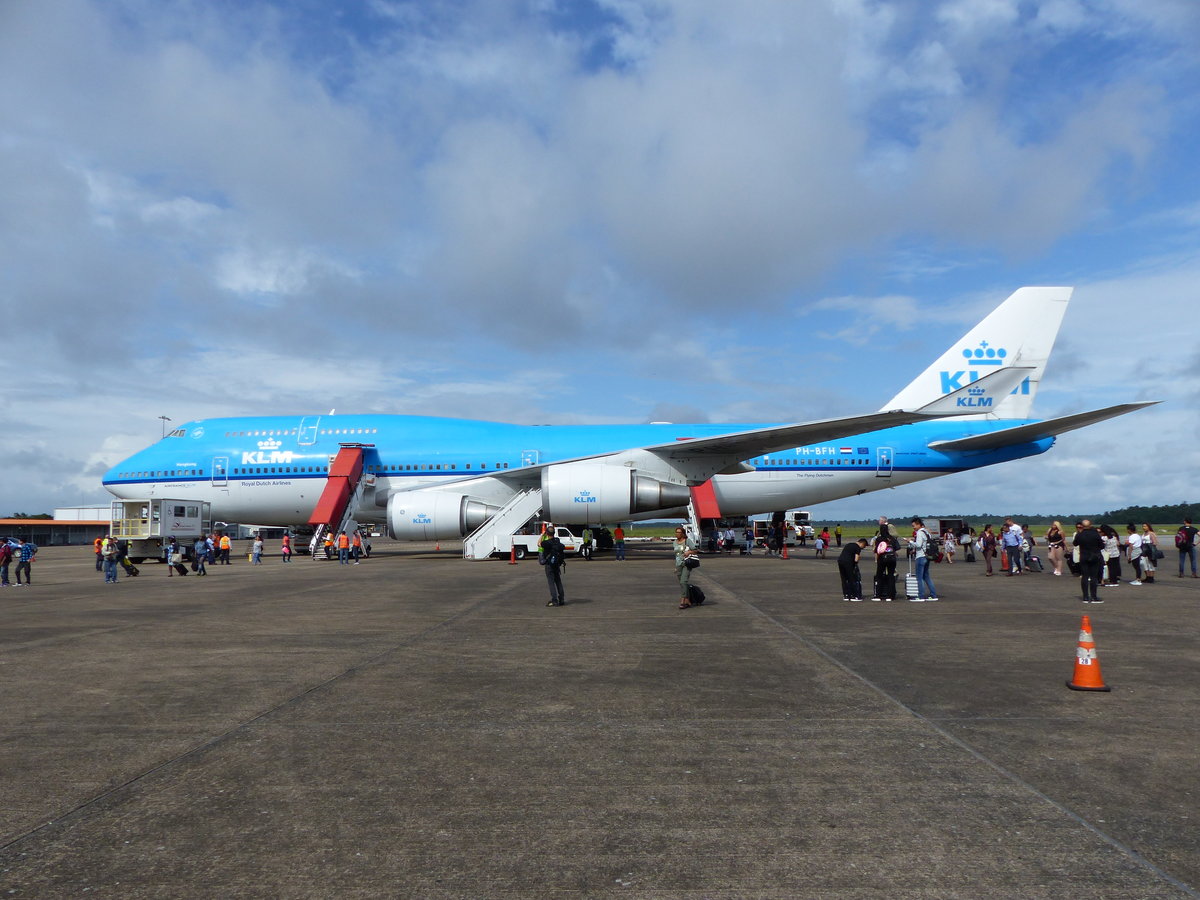 Boeing 747-400, PH-BFH vom KLM in Suriname auf dem Johan Adolf Pengel International Airport Paramaribo (PBM) an Himmelfahrt 2017