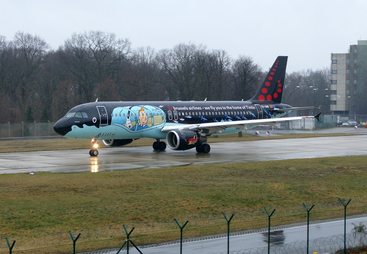 Brussels Airlines, A 320-214, OO-SNB, special 'Tintin' colors, Berlin -Tegel am 12.02.2018.