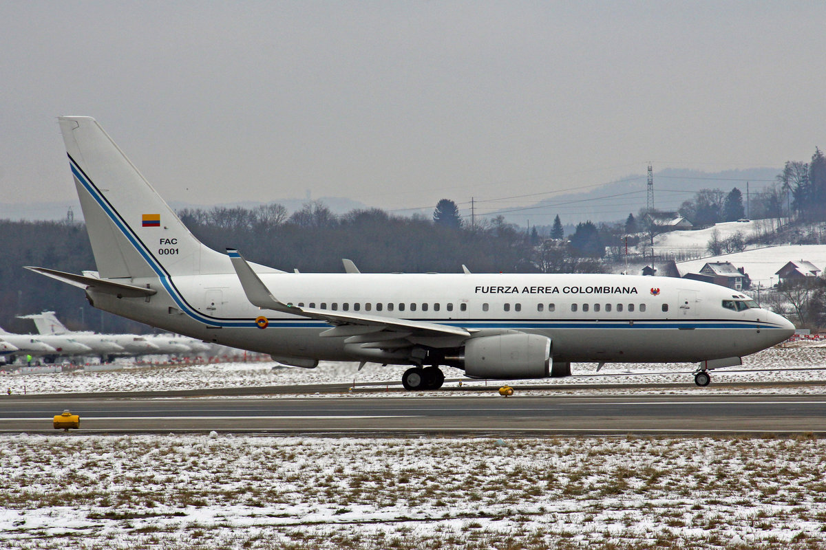 Colombiana Gouvenment, FAC-0001, Boeing 737-74V (BBJ1), 18.Januar 2017, ZRH Zürich, Switzerland.