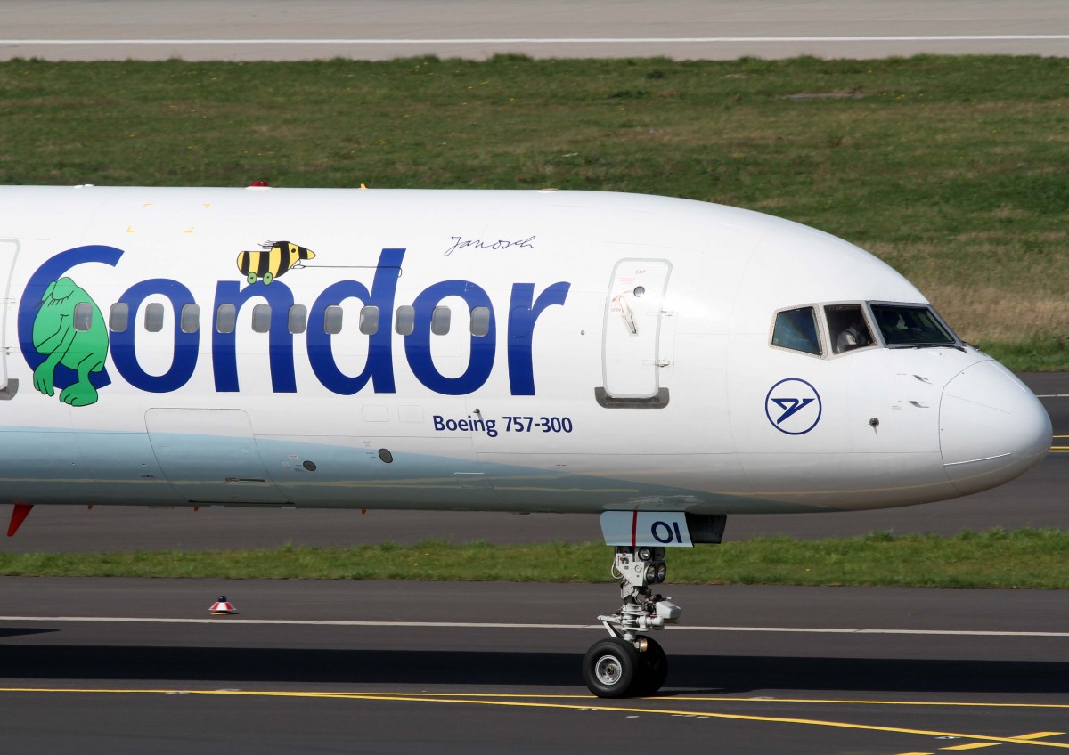 Condor, D-ABOI, Boeing, 757-300 wl (Bug/Nose ~ Janosch-Sticker & Mischlackierung  Sunny Hart ), 02.04.2014, DUS-EDDL, Dsseldorf, Germany