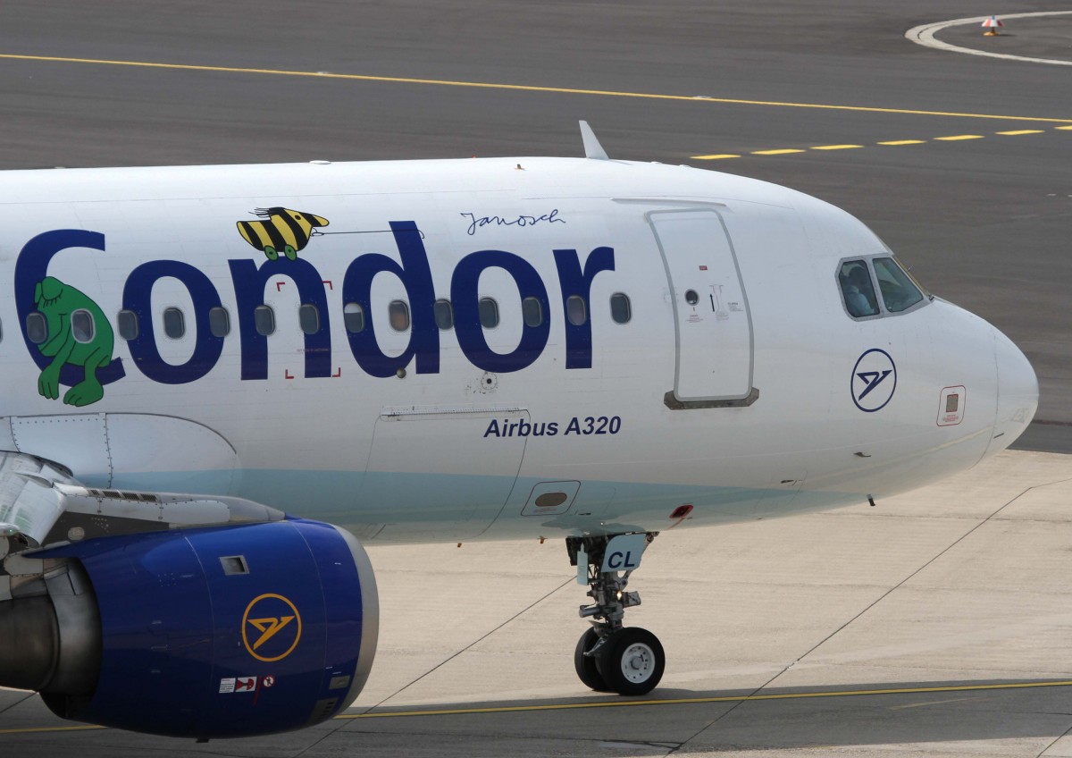 Condor (ex Condor-Berlin), D-AICL, Airbus, A 320-200 (Bug/Nose ~ Janosch-Sticker & Mischlackierung  Sunny Hart ), 02.04.2014, DUS-EDDL, Dsseldorf, Germany