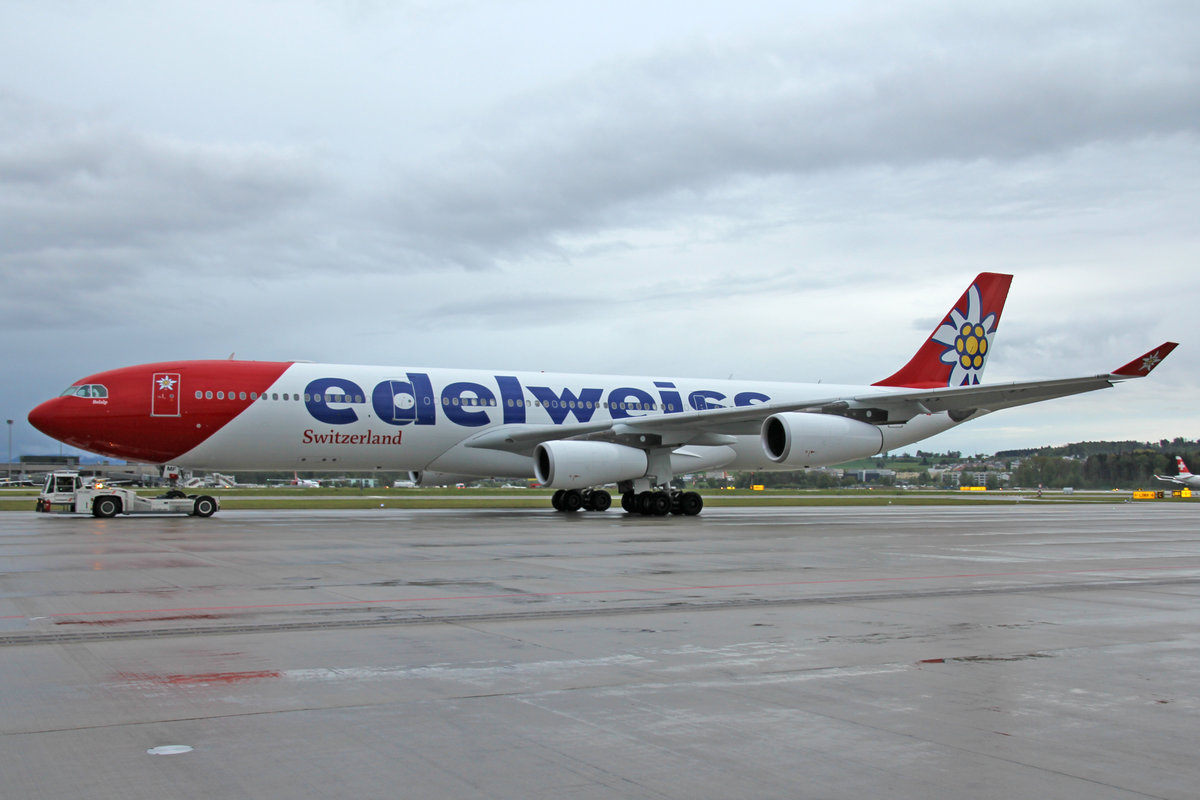 Edelweiss Air, HB-JMF, Airbus A340-313X,  Belalp , 1.Mai 2017, ZRH Zürich, Switzerland.