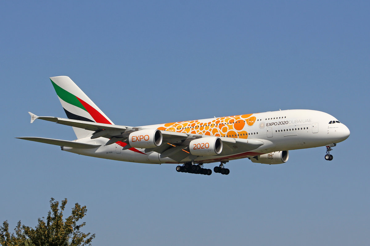 Emirates Airlines, A6-EOU, Airbus A380-861, msn: 205, 05.September 2018, ZRH Zürich, Switzerland, Orange EXPO 2020 Bemahlung,
