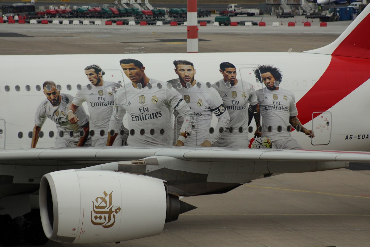 Emirates,A6-EOA,(c/n 159),Airbus A380-861,19.03.2016,DUS-EDDL,Düsseldorf,Germany(Real Madrid logojet)
