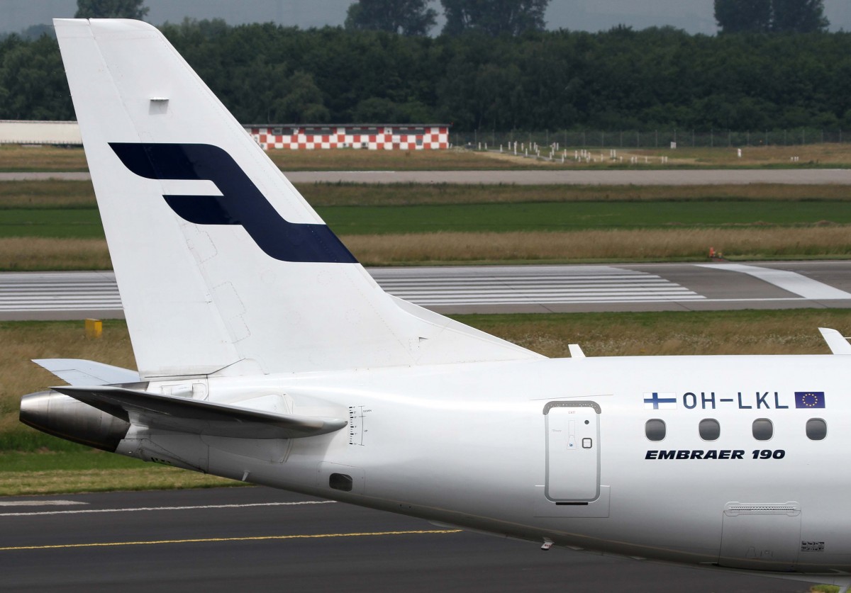 Finnair, OH-LKL, Embraer, 190 LR (Seitenleitwerk/Tail ~ neue Finnair-Lackierung), 01.07.2013, DUS-EDDL, Dsseldorf, Germany 