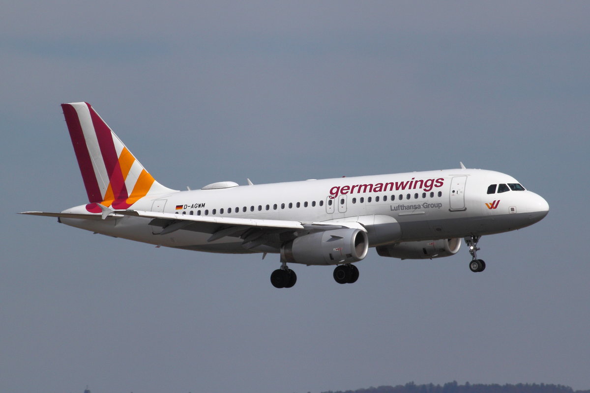 Germanwings, Airbus A319-132, D-AGWM. Aus Berlin-Tegel (TXL) kommend im Endanflug auf Köln-Bonn (CGN/EDDK) am 30.03.2018.
