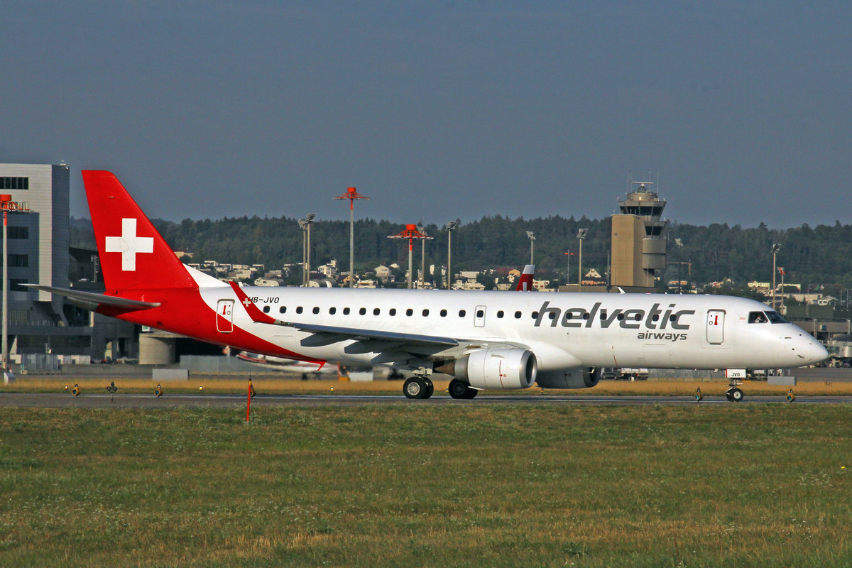 Helvetic Airways, HB-JVO, Embraer Emb-190LR, msn: 19000294, 01.August 2018, ZRH Zürich, Switzerland.