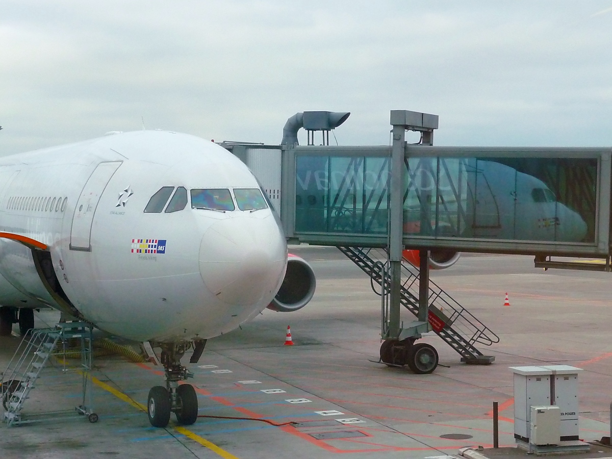 Kleine Spiegelei - SAS Airbus A340 OY-KBC in Kastrup am Terminal C, 1.10.2015