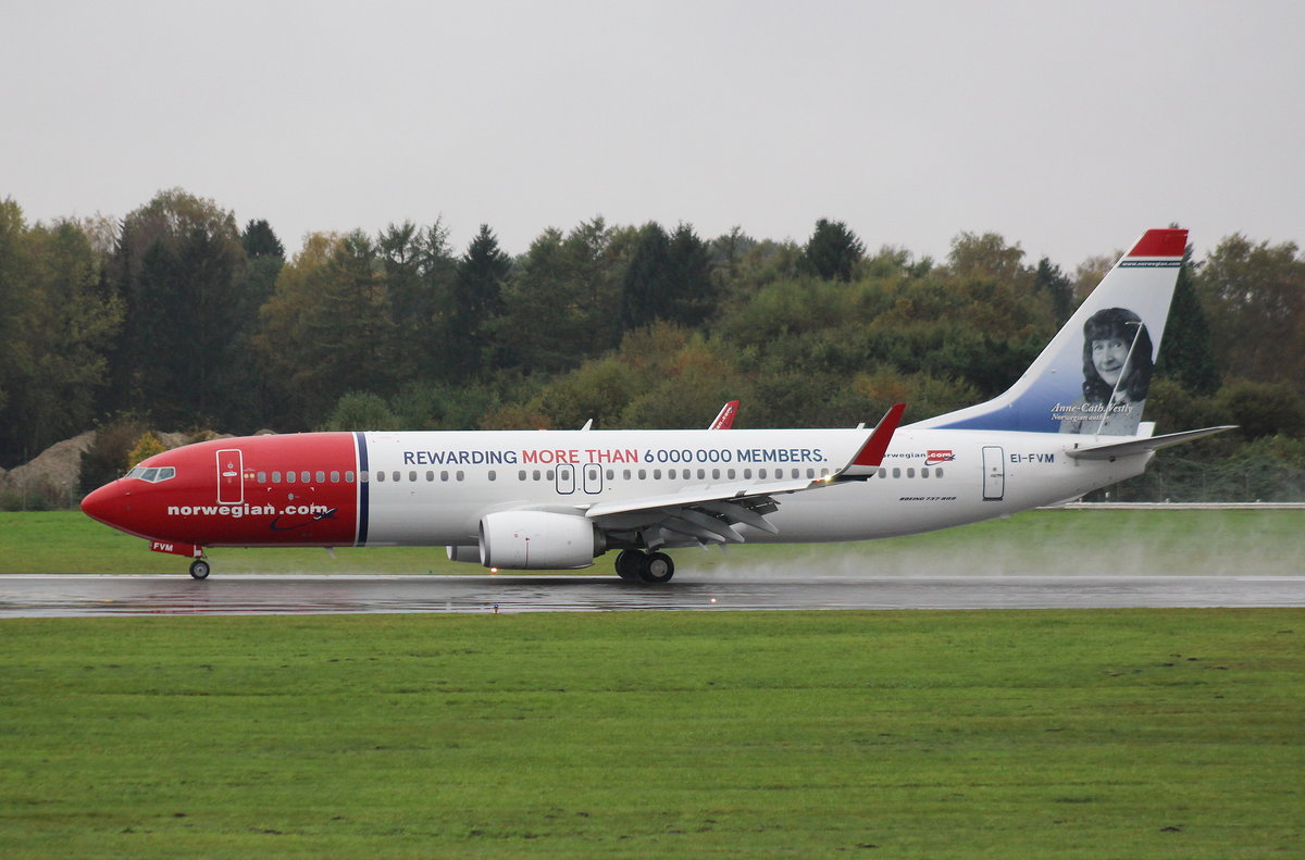 Norwegian Air International, EI-FVM, MSN 42277, Boeing 737-8JP (WL), 22.10.2017, HAM-EDDH, Hamburg, Germany (Name: Anne-cath.Vestly & Sticker: Rewarding More Than 6000000 Members) 