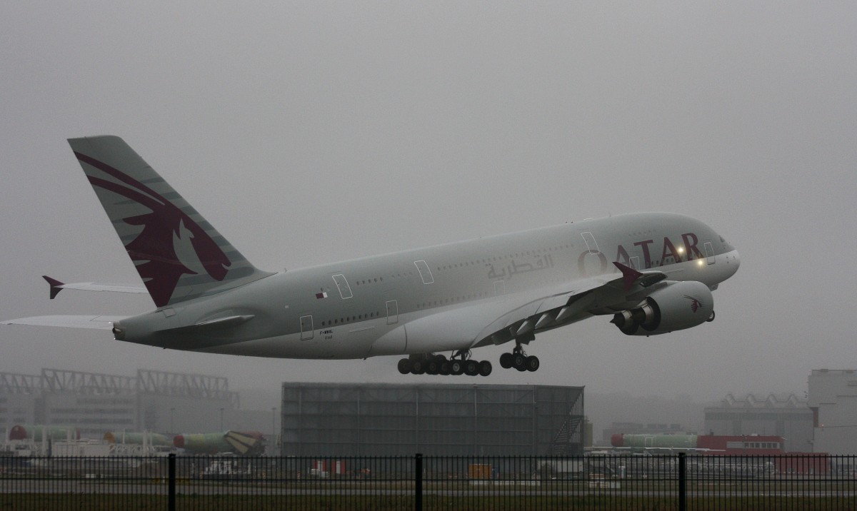 Qatar Airways, F-WWAL, Reg.A7-APC, (c/n 0145), Airbus A 380-861, 12.11.2014, XFW-EDHI, Hamburg-Finkenwerder, Germany 