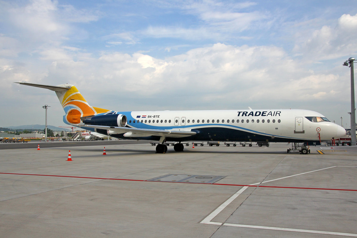 Trade Air, 9A-BTE, Fokker 100, msn: 11416, 25.Mai 2019, ZRH Zürich, Switzerland.
