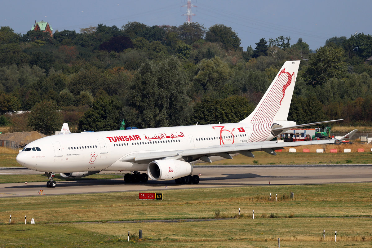 Tunisair, TS-IFN  Sidi Bou Said , Airbus, A 330-343 ~ 70-years TU-TAR - Sticker, DUS-EDDL, Dsseldorf, 21.08.2019, Germany 