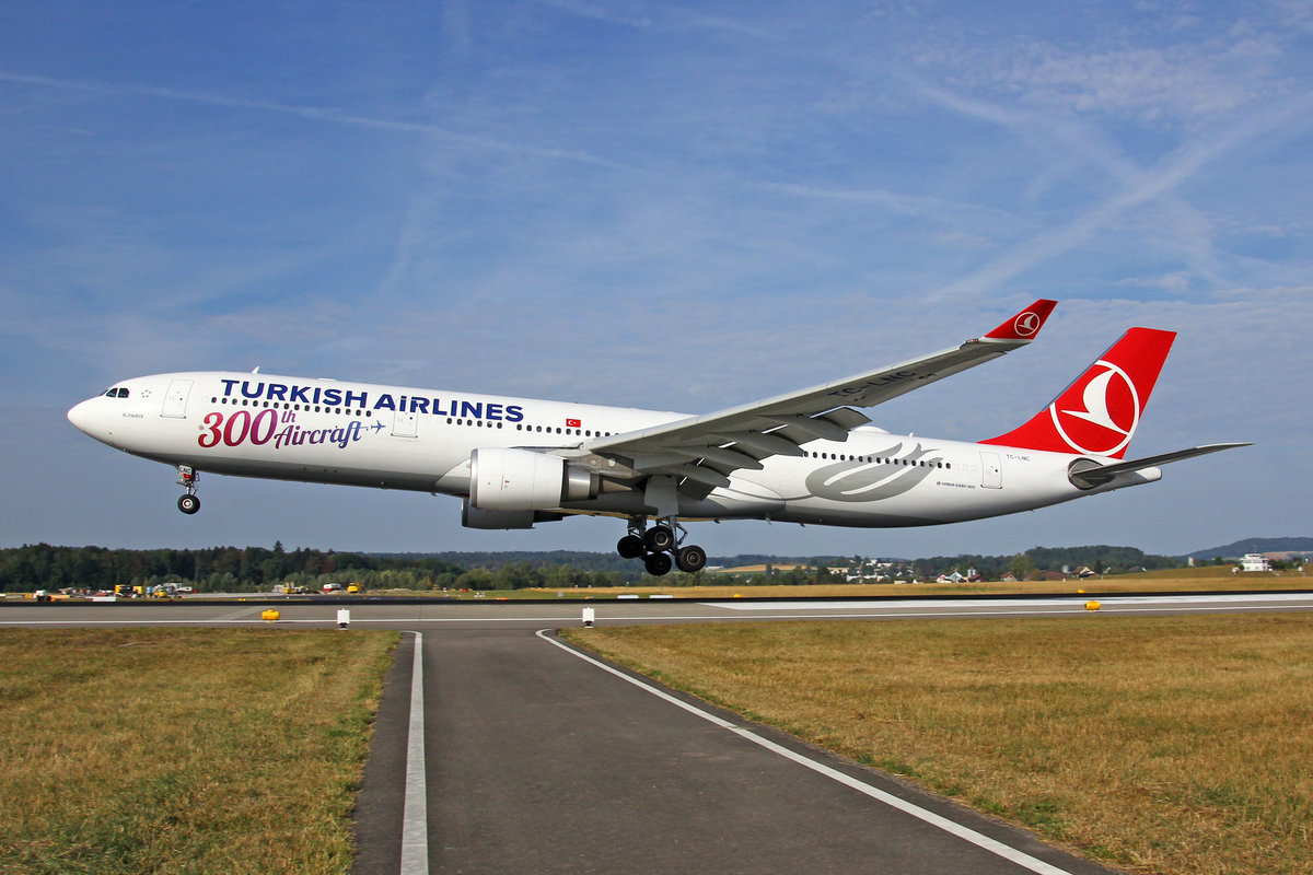 Turkish Airlines, TC-LNC, Airbus A330-303, msn: 1696,  Refahiye ,  01.August 2018, ZRH Zürich, Switzerland, 300th Aircraft sticker.