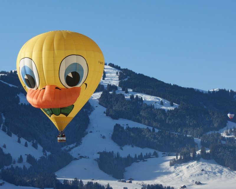 Dass Heissluftballon fliegen hauptschlich Spass machen soll, zeigen verschiedene ausgefallene Ballone, hier als Beispiel ein Ballon in Entengesichtformat.
(30.01.2009)