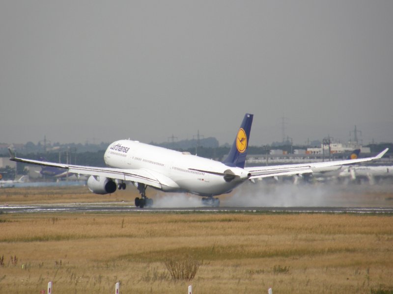 Ein Lufthansa Airbus A 330-300 setzt in Frankfurt am Main am 07.08.2008 auf.