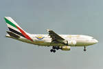 Emirates Airlines, A6-EKJ, Airbus A310-308, msn: 597, September 1999, ZRH Zürich, Switzerland. Sticker  Dubai Summer Surprises 99 . Scan aus der Mottenkiste.