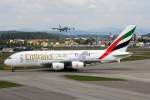 Emirates Airlines, A6-EEG, Airbus A380-861, 30.Mai 2015, ZRH  Zürich, Switzerland. Mit Sticker  Rugby 2015 England .
