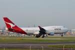 Qantas, VH-OJN, Boeing 747-438. Der erste Jumbo aus Australien an diesem frhen Morgen. 31.7.2011