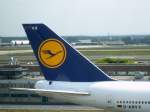 frankfurt-am-main-fra Das imposante Seitenruder des Lufthansa-Jumbos D-ABVX.
Dieses Foto entstand am 27.05.04 in Frankfurt.
