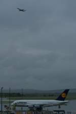 Lufthansa Airbus A380-800 D-AIMA 'Frankfurt am Main' der Lufthansa steht auf seinen Flugplatz w�hrend eine Fokker F100 der Austrian Airliner gerade gestartet ist.