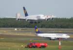 Lufthansa Lufthansa A 380-841 D-AIMA'Frankfurt a. Main' kurz vor der Landung am 03.06.2010 in Berlin-Tegel. Lufthansa B 737-330 D-ABES 'K�then/Anhalt' im Gr��envergleich dazu.