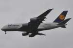 Lufthansa Premiere in �sterreich/Schwechat f�r den neuen A 380. Landeanflug am 2.Juni 2010 in VIE um ca. 10.30 auf der Piste 34. Die Frankfurt am Main A 380-800 mit der Kennung  D-AIMA setzt fast lautlos zur Landung an. 