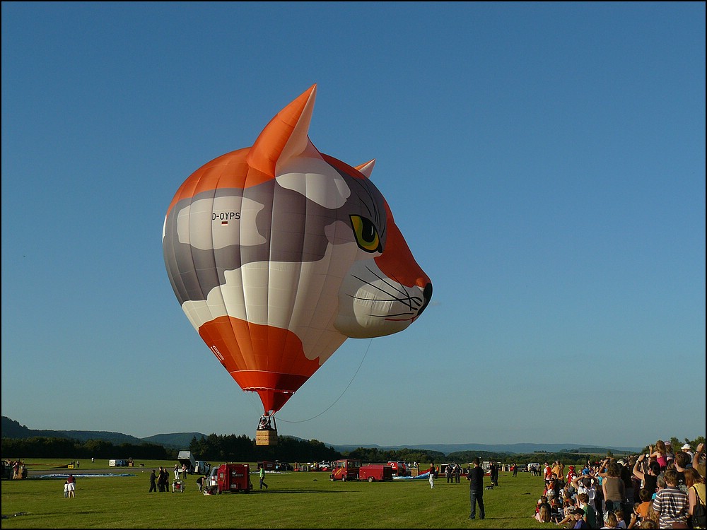 . (D-OYPS) Der Fuchs ist abgefahren, somit drfen die andern Teilnehmer ihre Ballone auufrsten, um dem Fuchs zu folgen. Vom Auseinanderlegen der Ballonhlle bis zur Abfahrt des Ballons sind fast 20 Minuten vergangen. Mosel Ballon Fiesta in Trier-Fhren. 21.08.10.