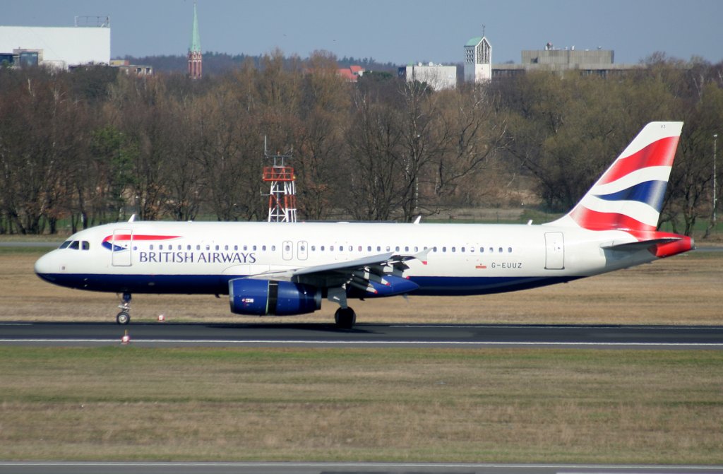 British Airways A 320-232 G-EUUZ kurz nach der Landung in Berlin-Tegel am 02.04.2010