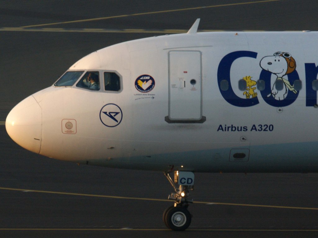 Condor-Berlin, D-AICD  Peanuts-Sticker , Airbus, A 320-200 (Bug/Nose), 13.11.2011, DUS-EDDL, Dsseldorf, Germany 

