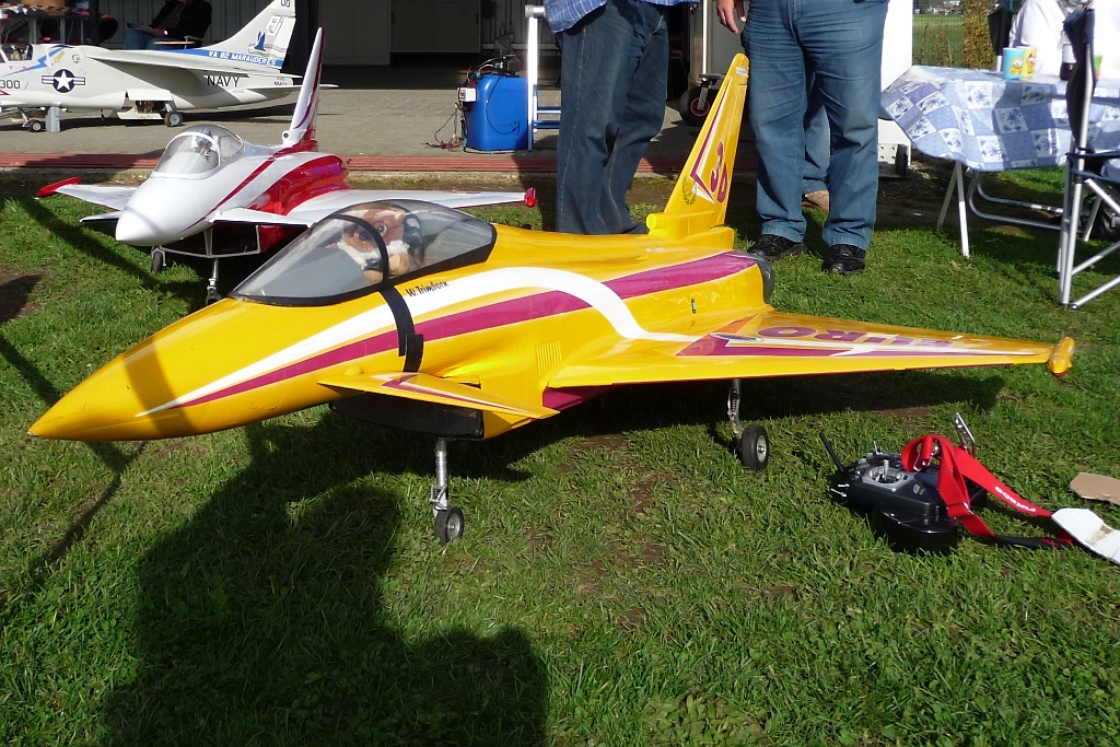 Ein Modell des Eurofighters - mit echter Turbine - parkt vor dem Hangar des Flugplatzes Niershorst am 11.9.2010