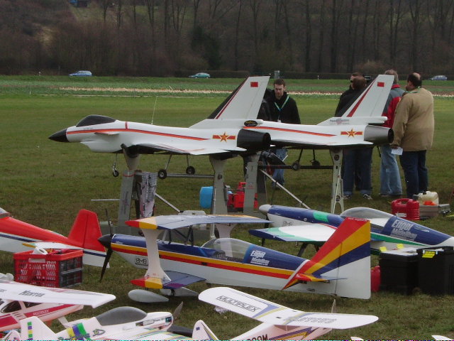 Einige Dsen- und Propellerflugzeuge auf den Flugplatz Sinsheim bei der Fazination Modellbau am 15.03.08