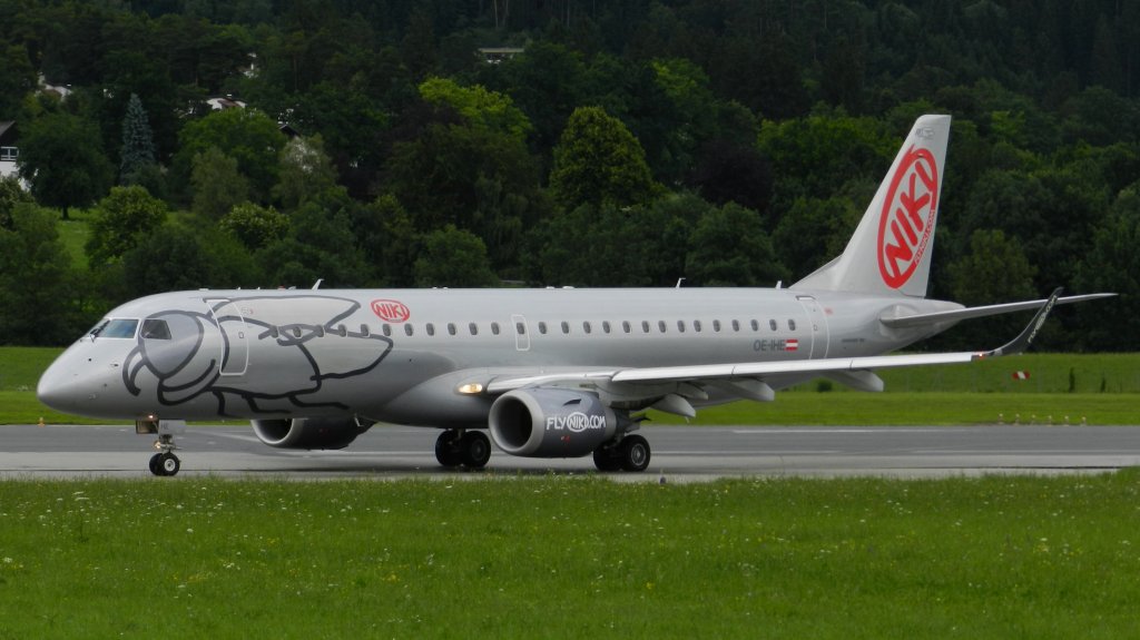 INN Innsbruck-Kranebitten, Austria,
18.Juni 2011,
Niki  Embraer 190-100LR, 
OE-IHE, turn onto Rwy 08 to CFR (Corfu)
