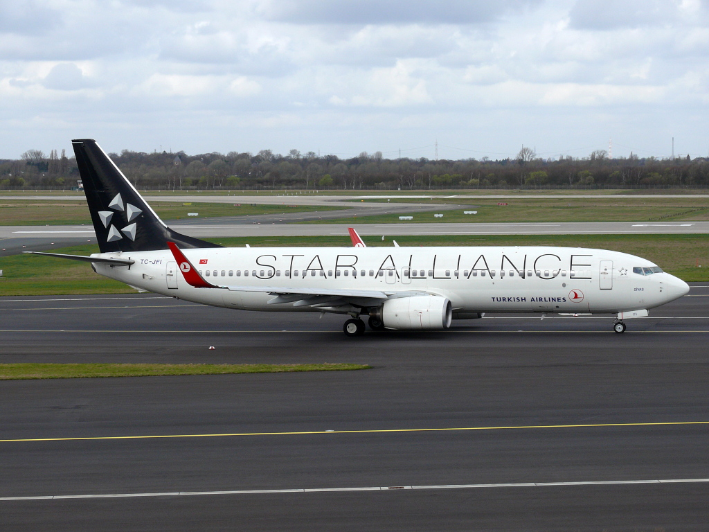 Turkish Airlines in  Star Alliance -Sonderlackierung. TC-JFI. Boeing 737-8F2. Flughafen Dsseldorf. 27.03.2010.