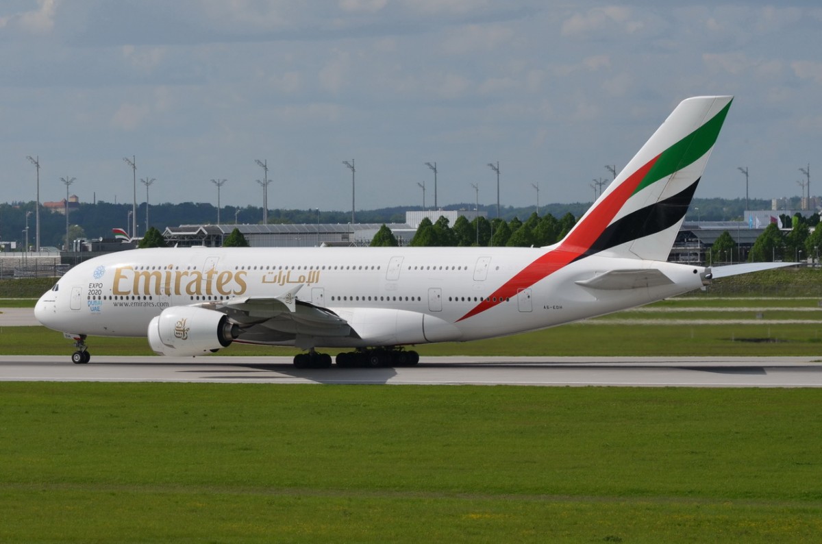 A6-EDH Emirates Airbus A380-861  beim Start in München Franz Josef Strauss am 10.05.2015