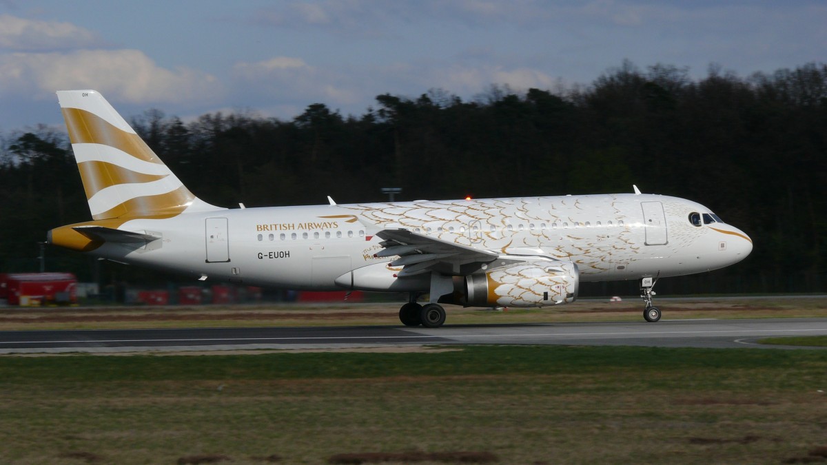 Airbus A319-131 British Airways G-EUOH mit der Sonderbemalung Goldene Tauben anlässlich für Olympia 2012 am 16.04.2012 in Frankfurt.